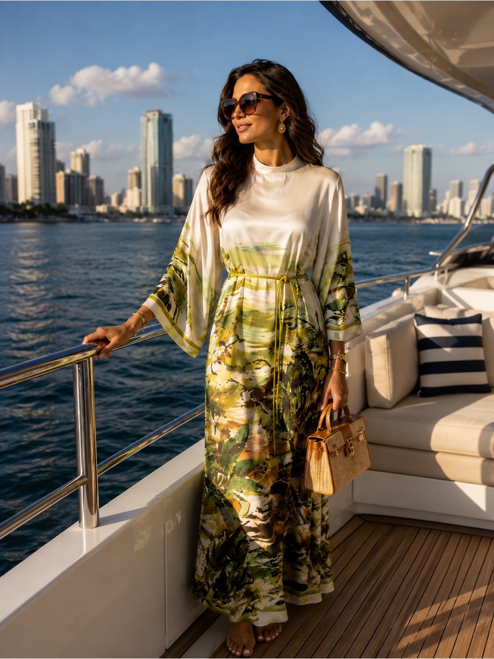 Alemais Cream and Green Botanical Long Sleeve Maxi Dress